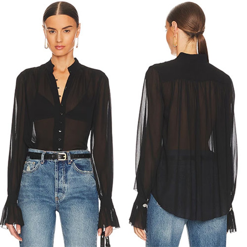 New L'agence Balloon Long Sleeved Black Sheer Button Blouse Women's Size: Xs